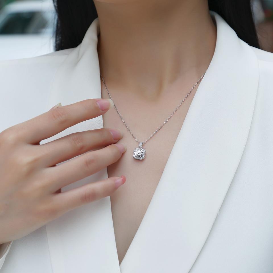 Brilliant Moissanite Square Halo Pendant Necklace